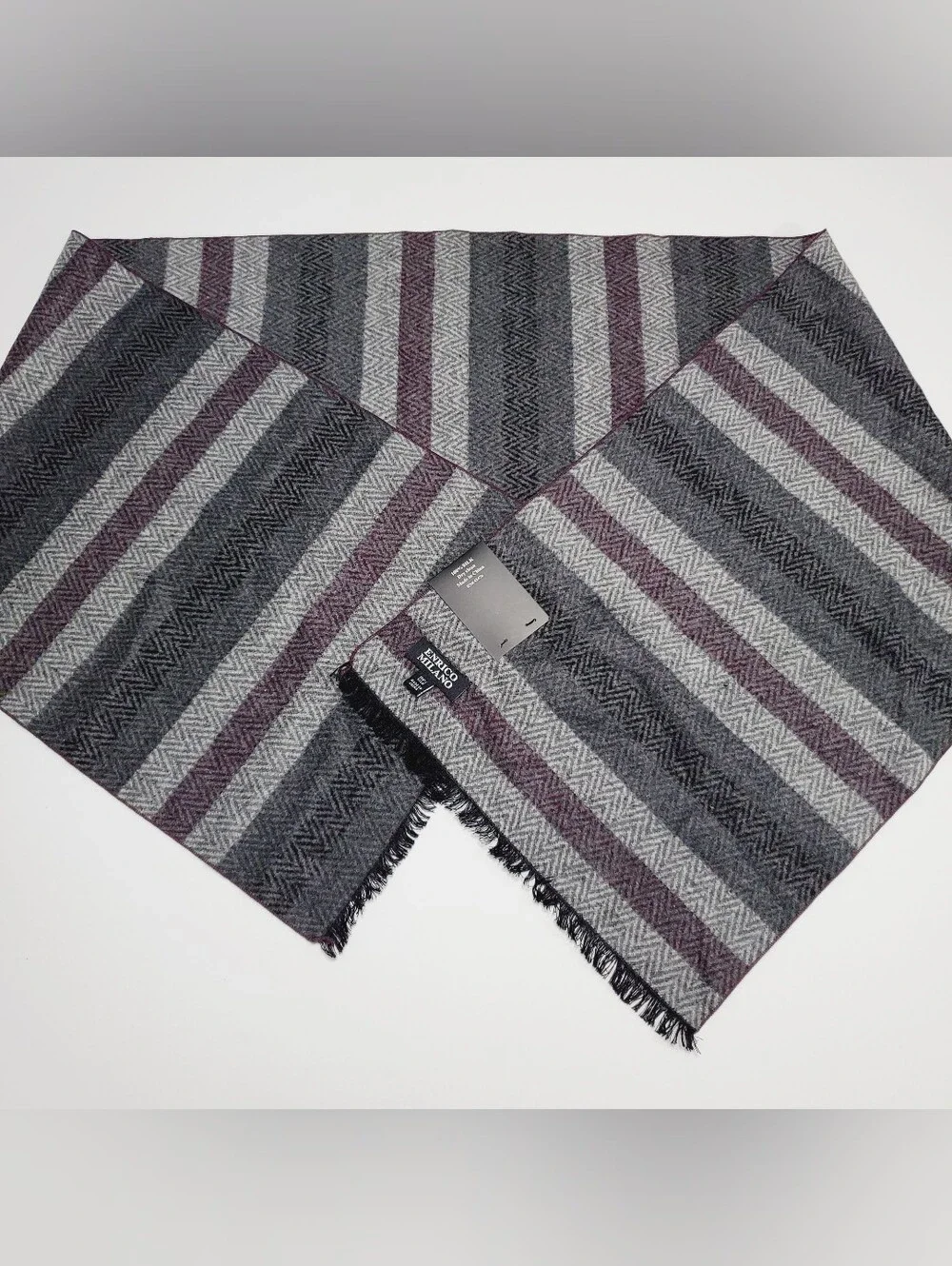 Enrico Milano Men's Silk Winter Scarf Gray & Burgundy Stripe Pattern 60x12.5